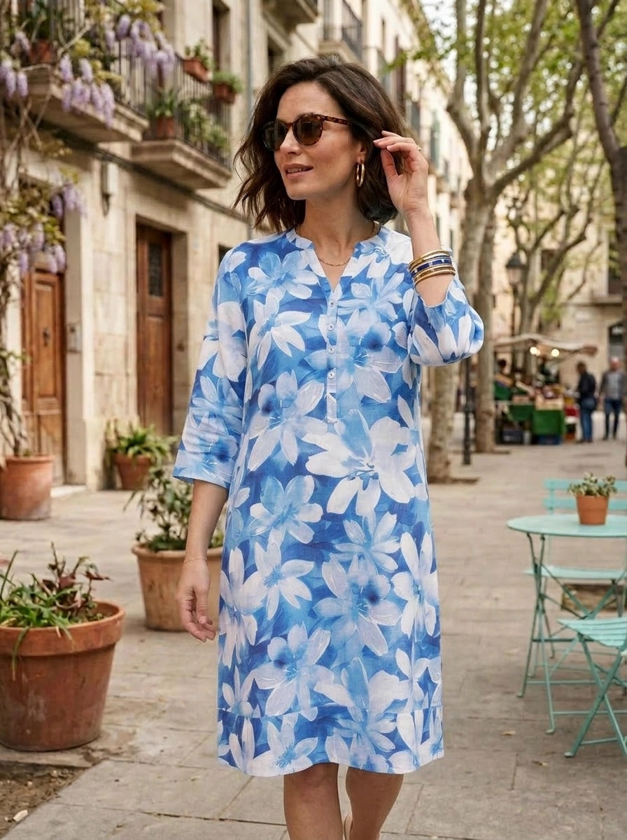 Blue Jay Print Tunic Classic Dress Linen Blue