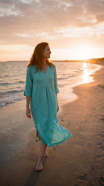Life Style Linen Maxi Dress - Aqua Blue