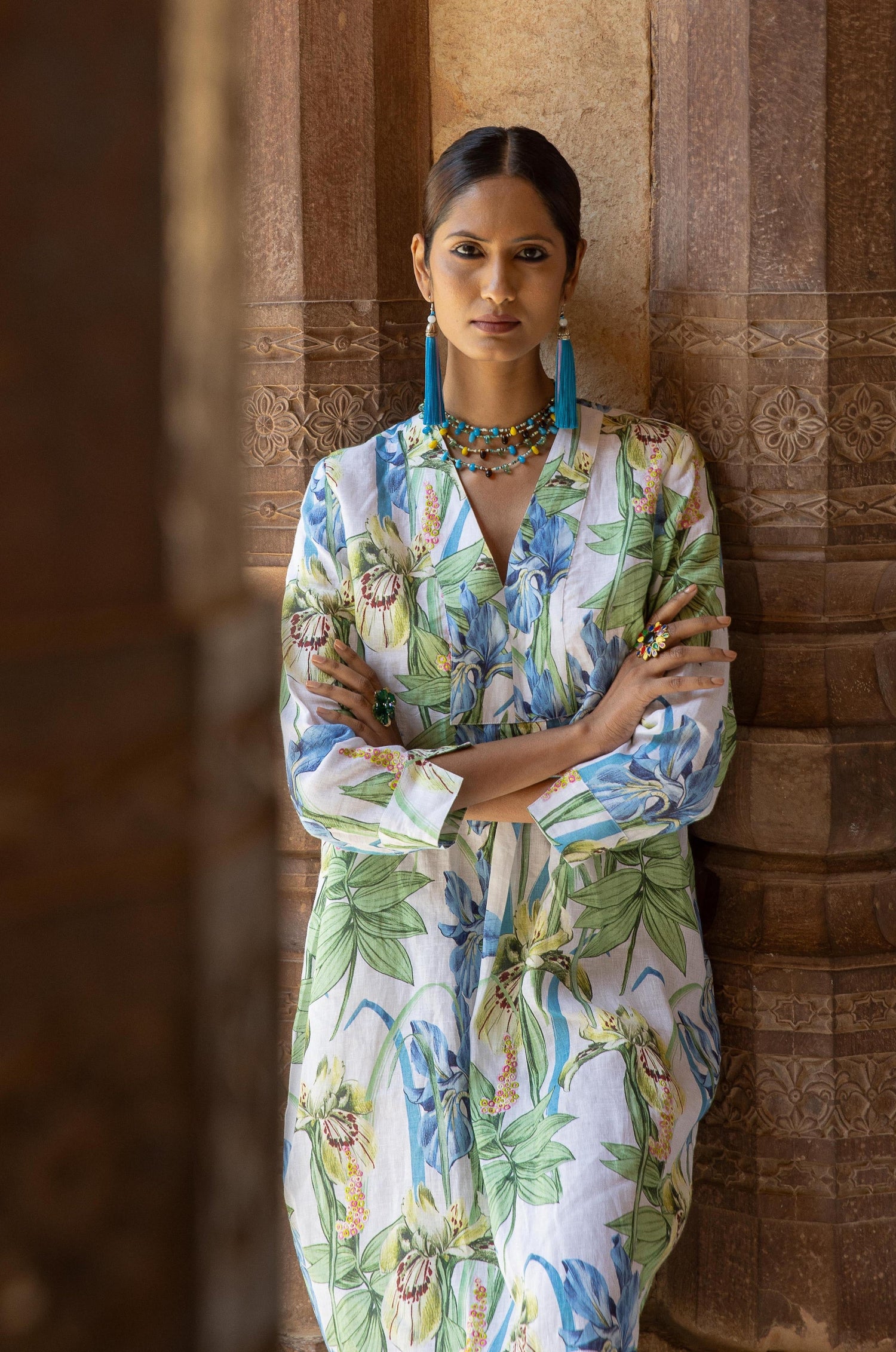 Iris Embroidered Picot Tunic Dress Linen White