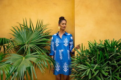 Short Tourist Dress Blue with White Embroidery Cotton
