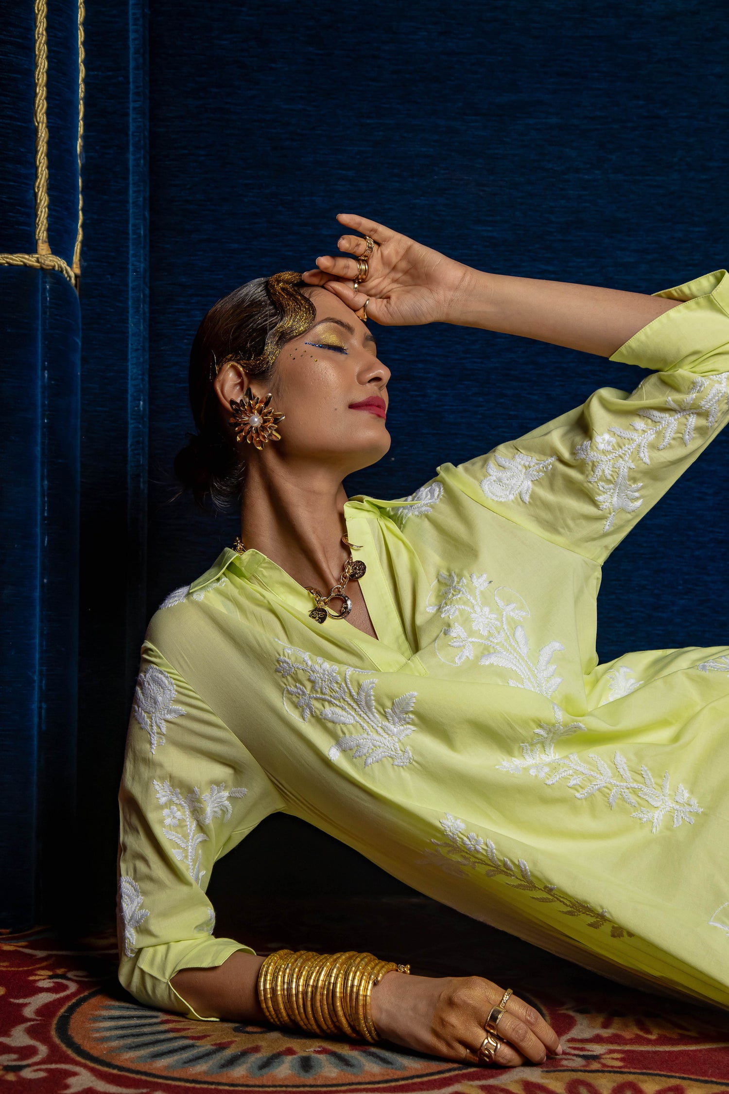 Short Tourist Dress Lime with White Embroidery Cotton