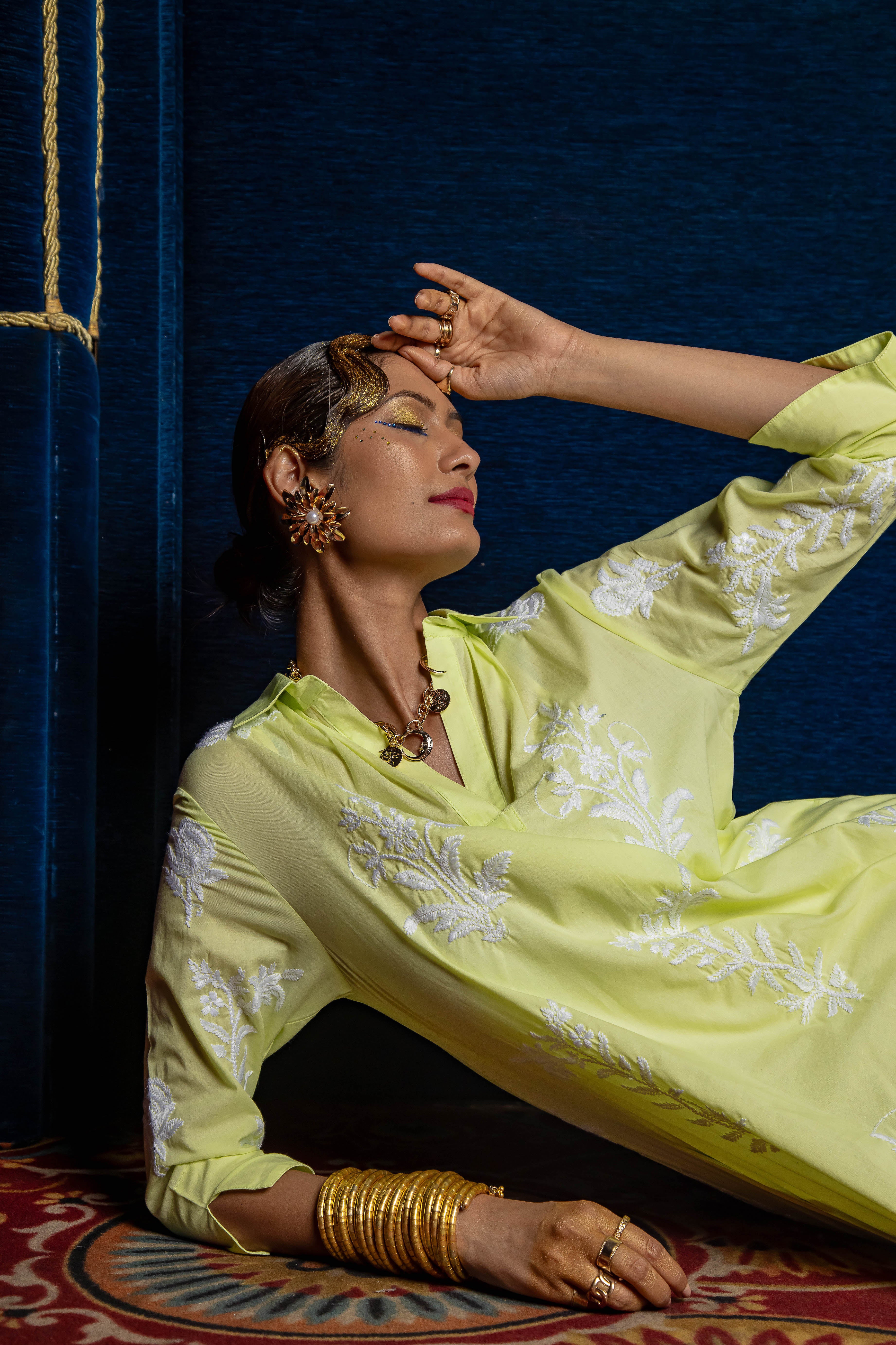 Short Tourist Dress Lime with White Embroidery Cotton