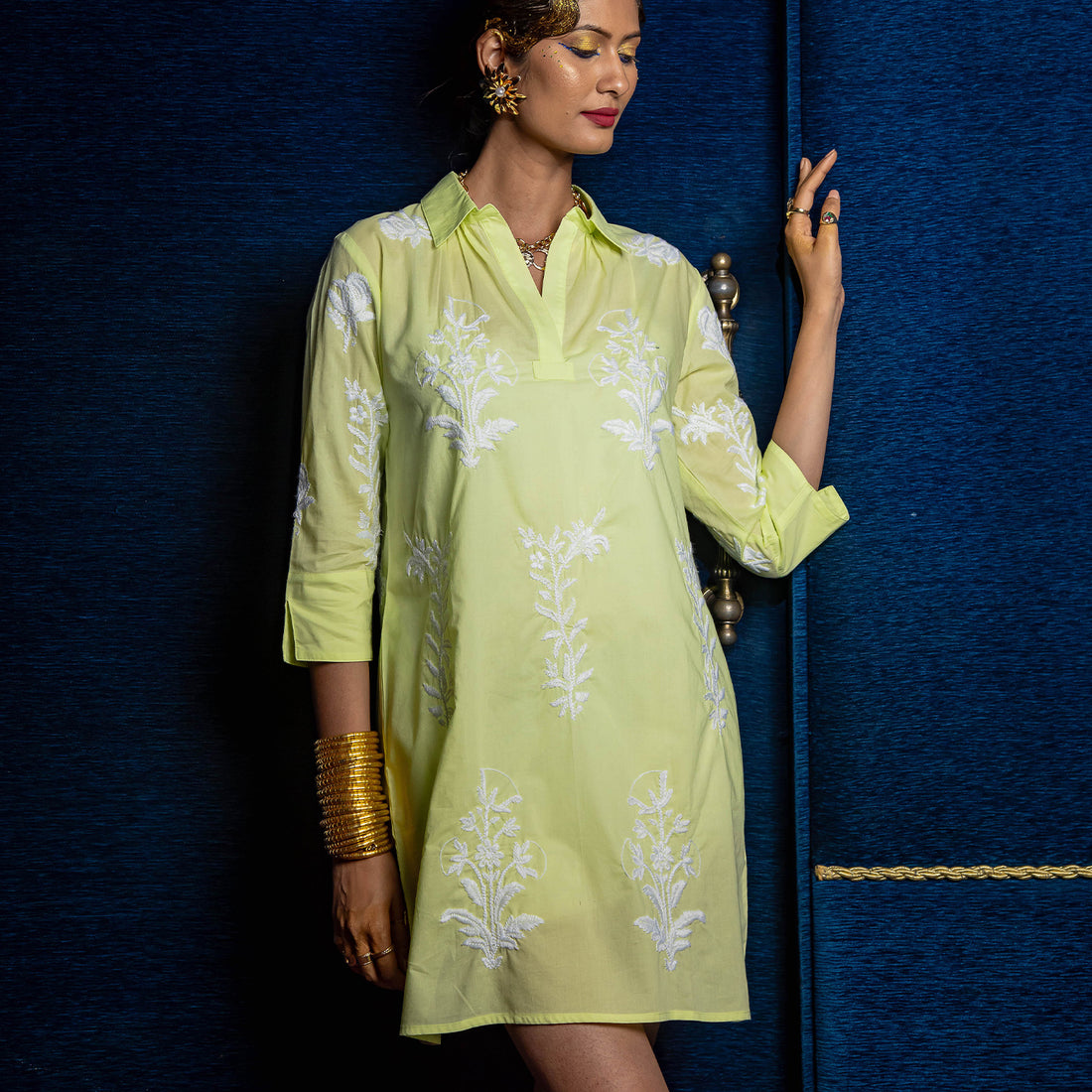 Short Tourist Dress Lime with White Embroidery Cotton