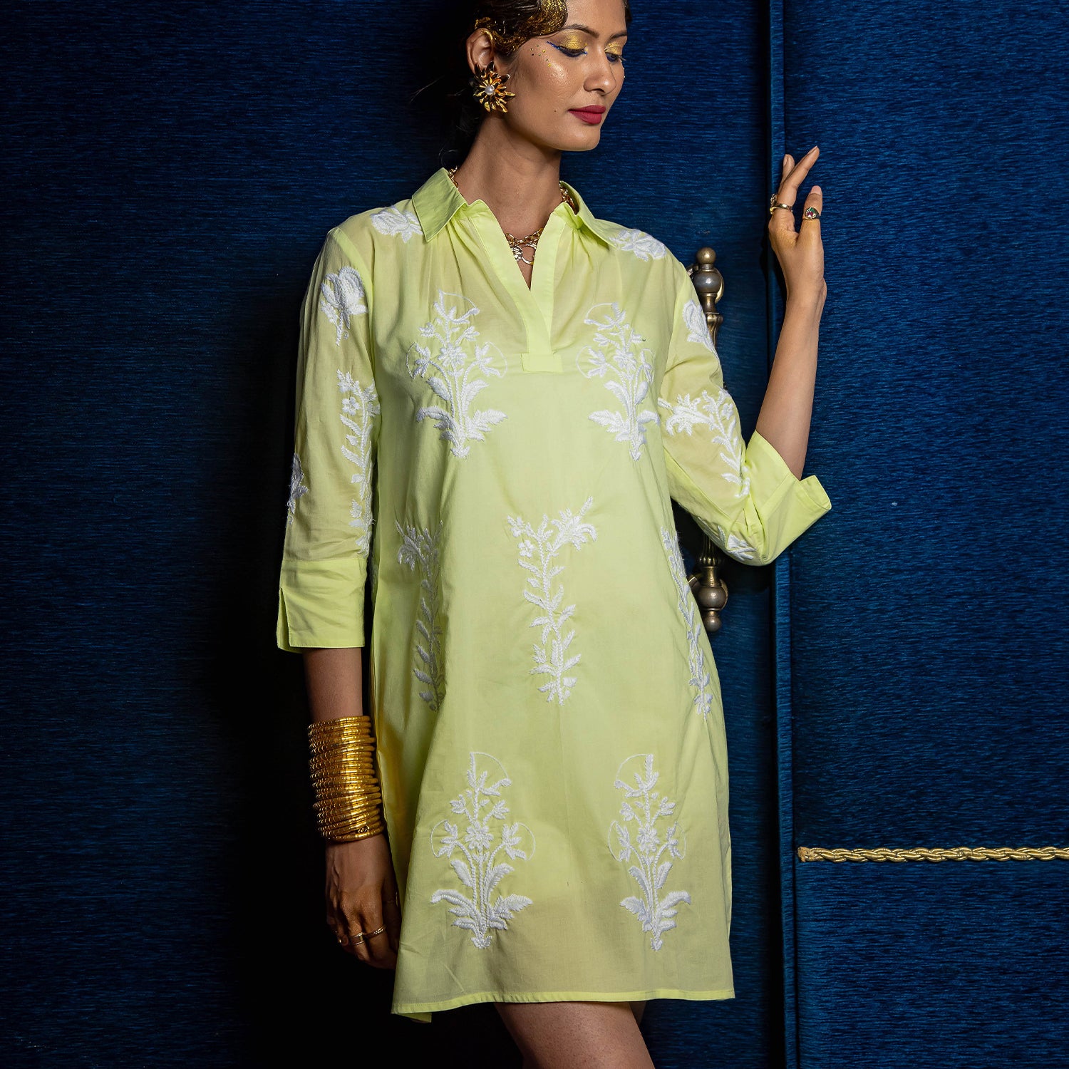 Short Tourist Dress Lime with White Embroidery Cotton