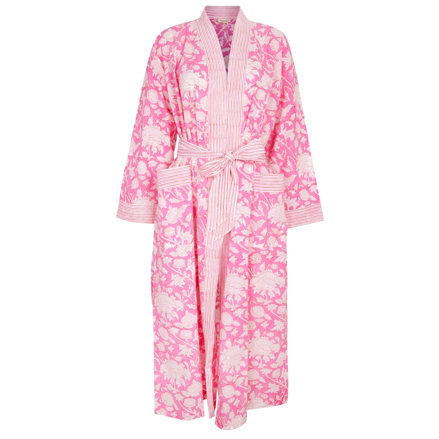 Hand Printed Cotton Kimono Robe - Hibiscus Pink