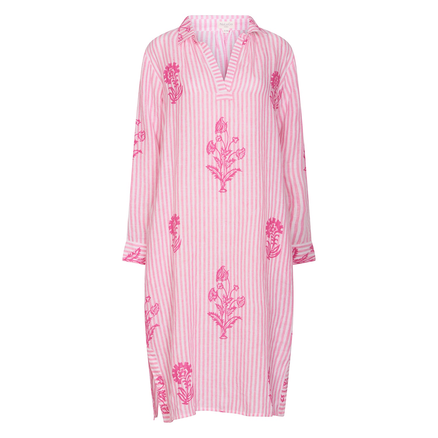 Tourist Hand Printed Stripe Linen Tunic Dress - Pink and White