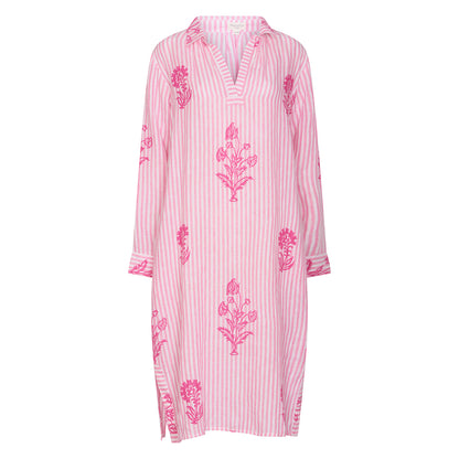 Tourist Hand Printed Stripe Linen Tunic Dress - Pink and White