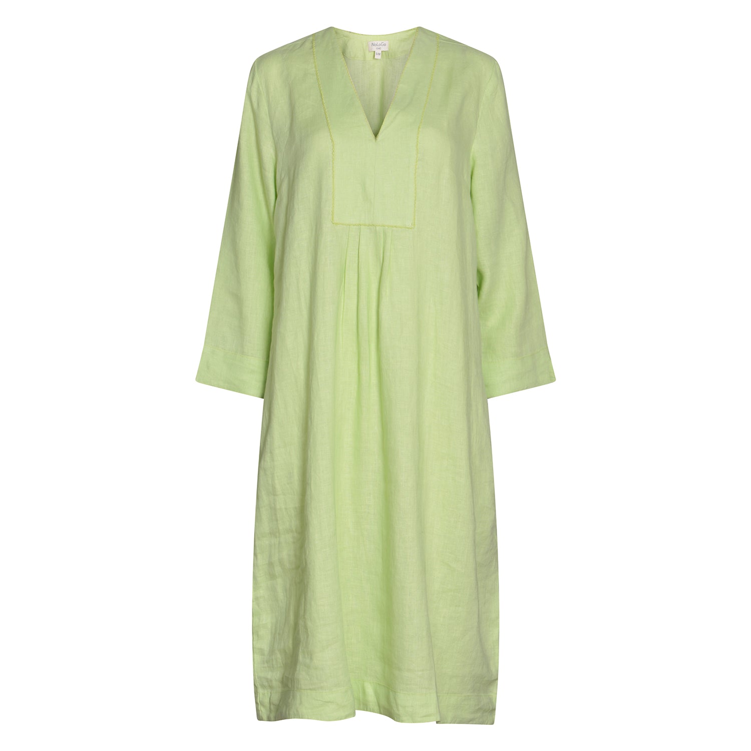 Plain Dyed Linen Yoke Picot Midi Dress Lime