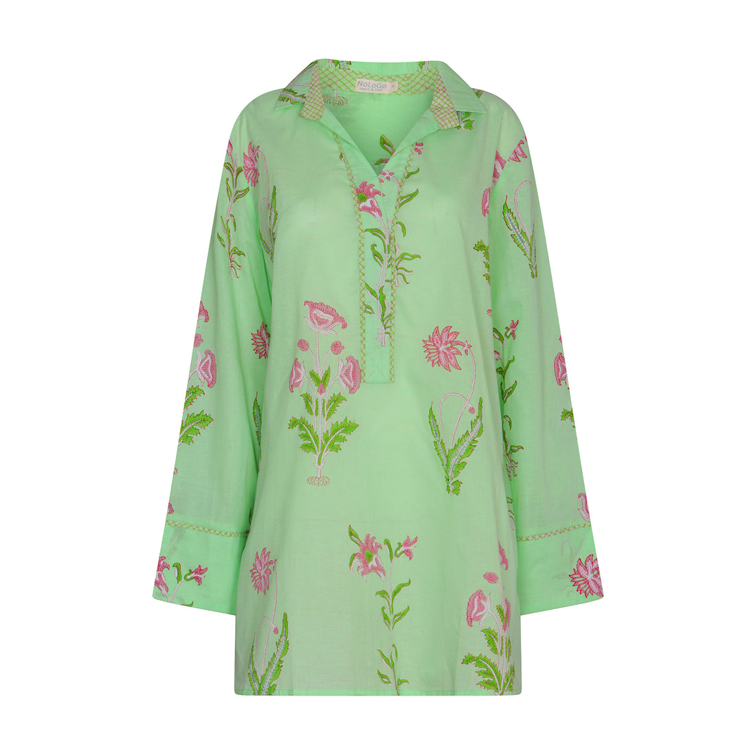 One Size Botanical Kurta Top Cotton - Pale Green