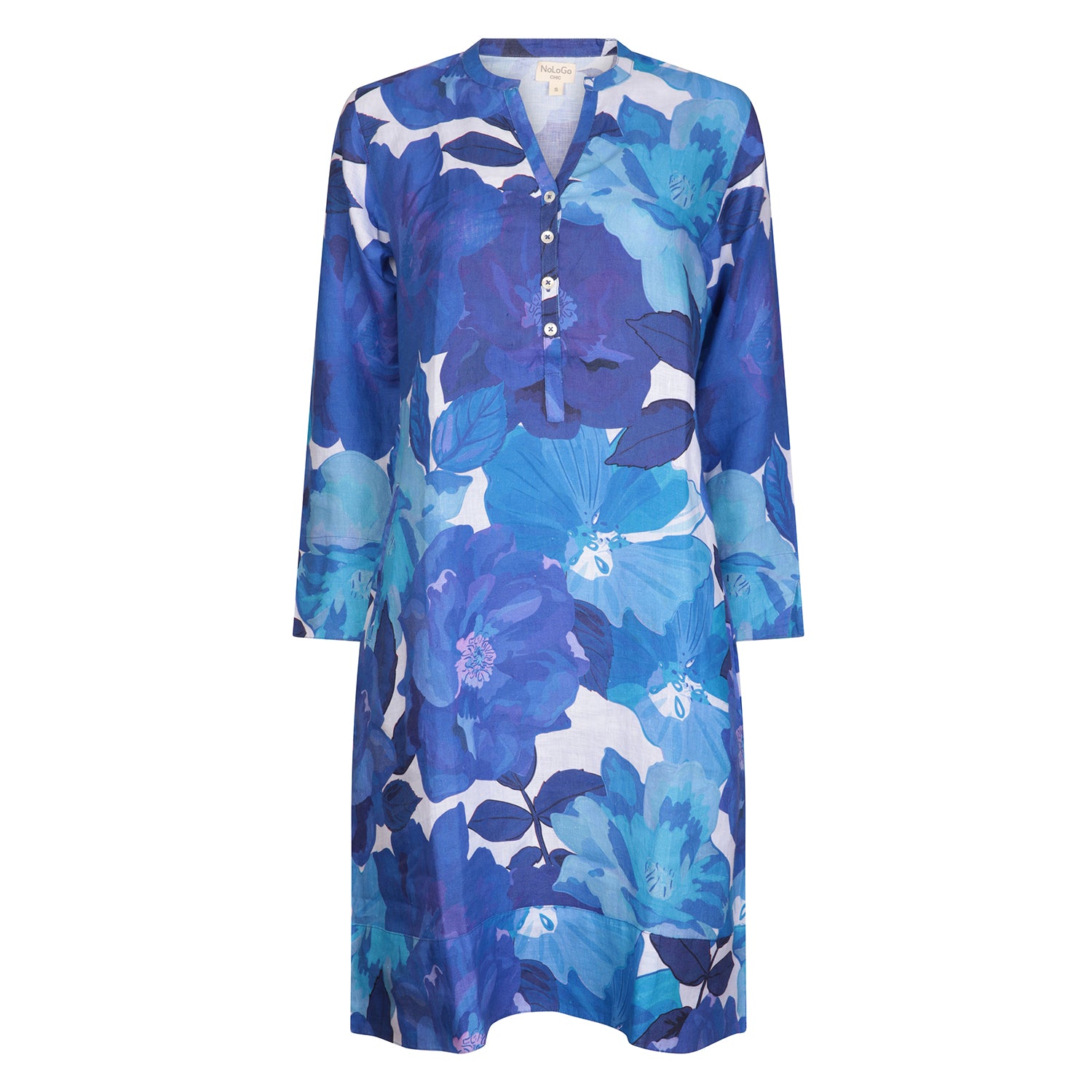 Printed Linen Tunic Dress Lapis Rose - Blue