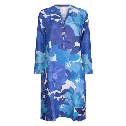 Printed Linen Tunic Dress Lapis Rose - Blue
