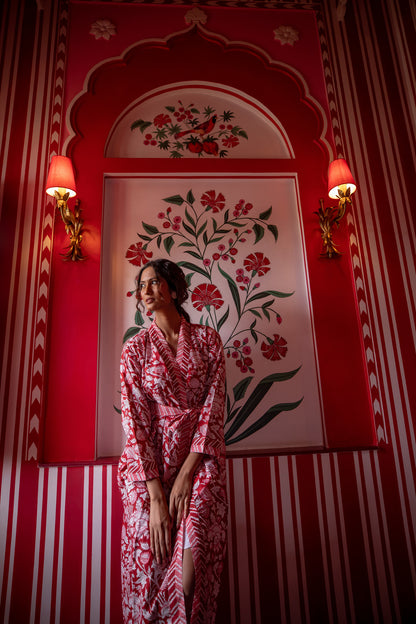 Hand Block Printed Kimono Robe - Vintage Red