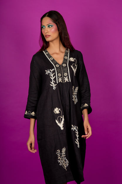 Botanical Embroidered Linen Picot Midi Dress - Black