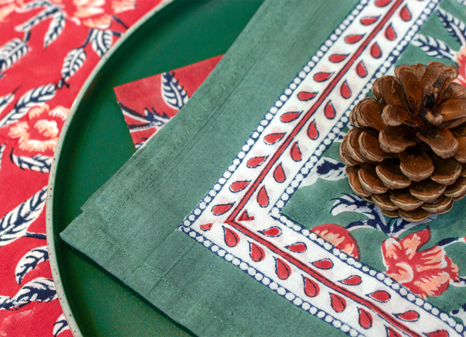 Hand Printed Cloth 150 x 225 cms Table Cloth Cotton Pine Red S/M
