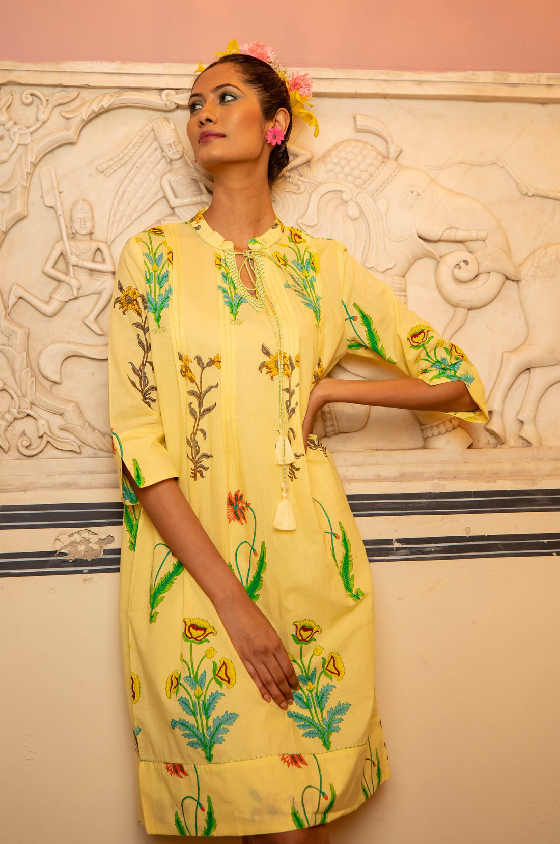 Botanical Tassel Kurta Cotton Lemon Popcorn
