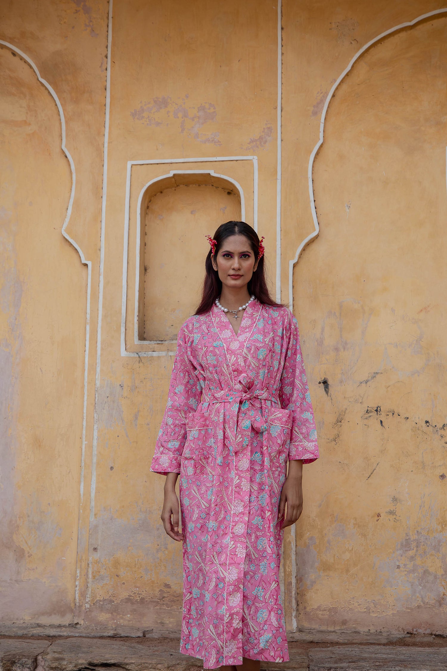 Hand Printed Cotton Kimono Robe Dragonfly Pink