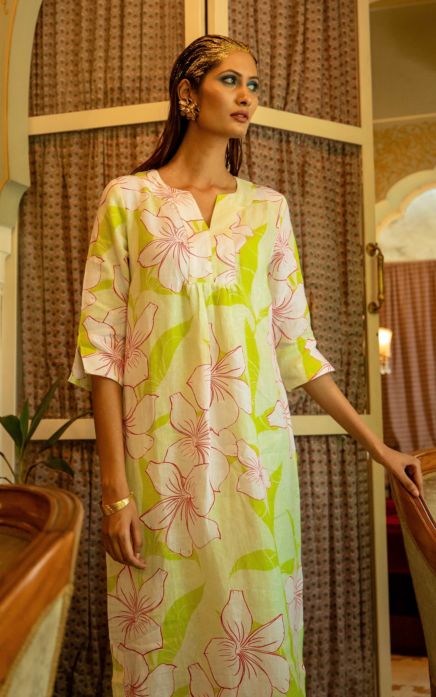 Printed Linen Maxi Dress Linen Key Lime