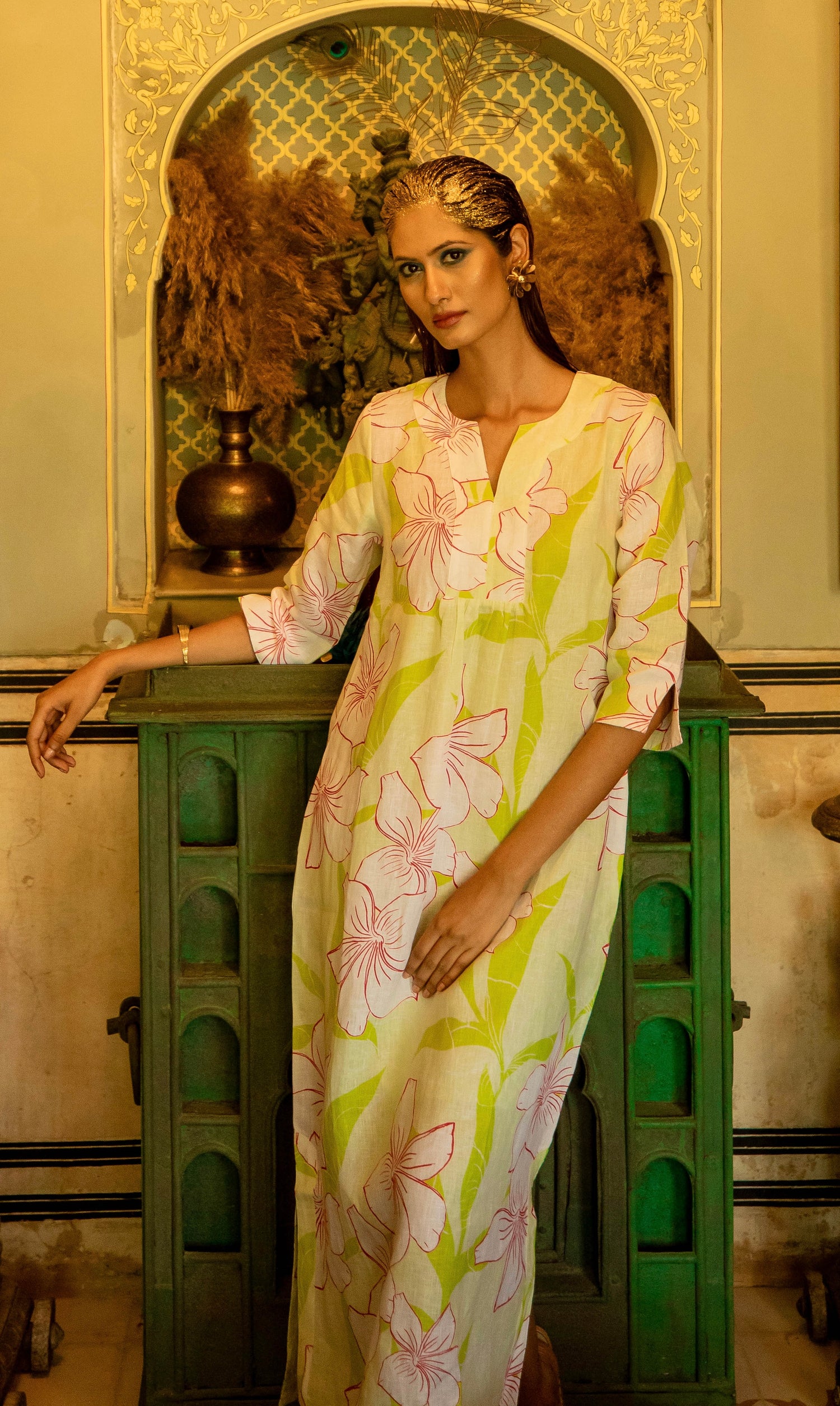 Printed Linen Maxi Dress Linen Key Lime