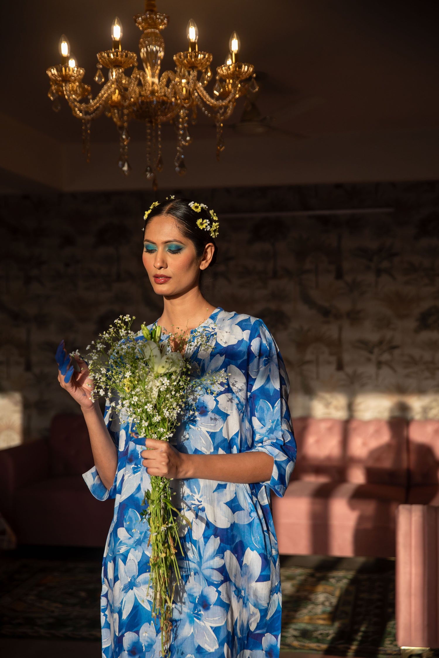 Blue Jay Print Tunic Classic Dress Linen Blue