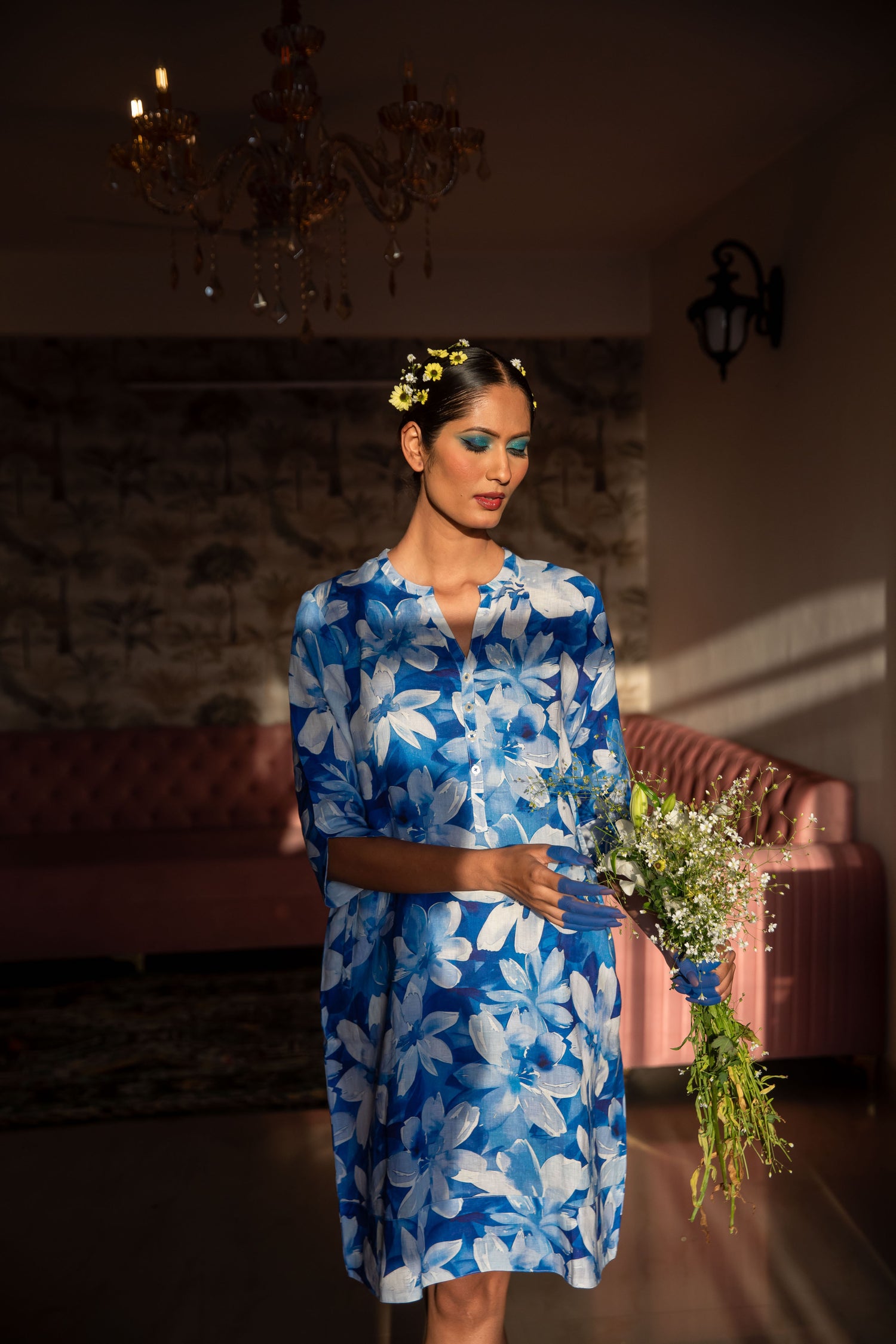 Blue Jay Print Tunic Classic Dress Linen Blue