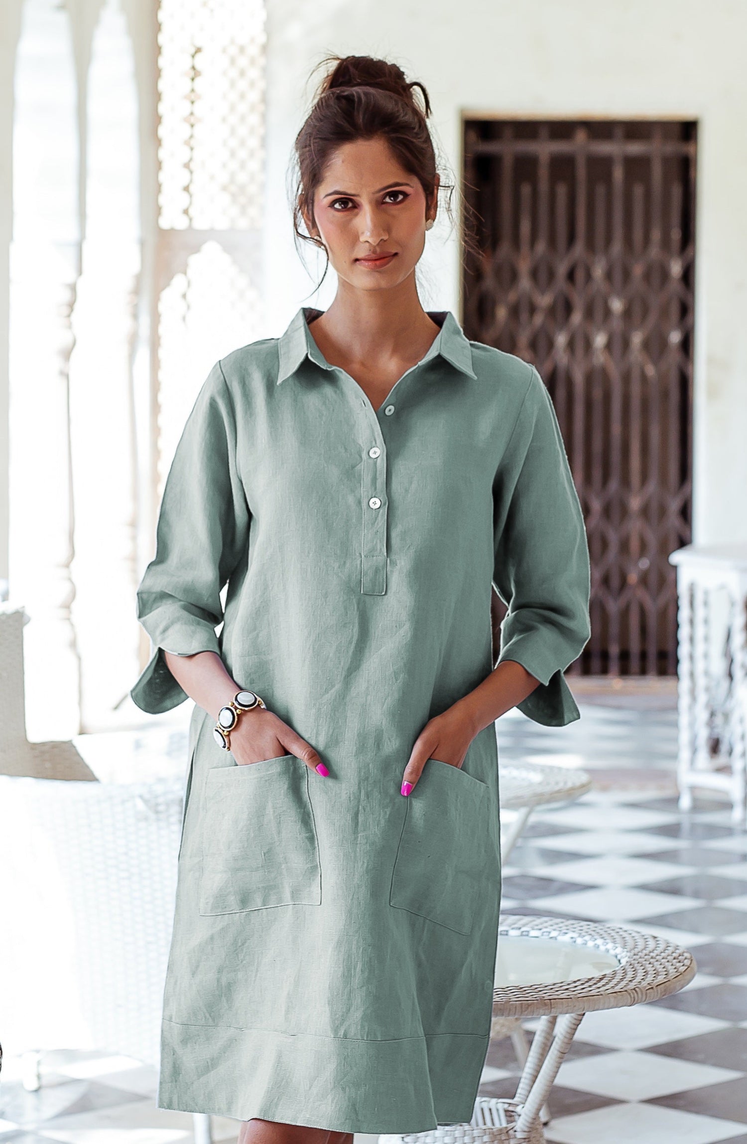 Up Town Linen Shirt Dress - Sage Green