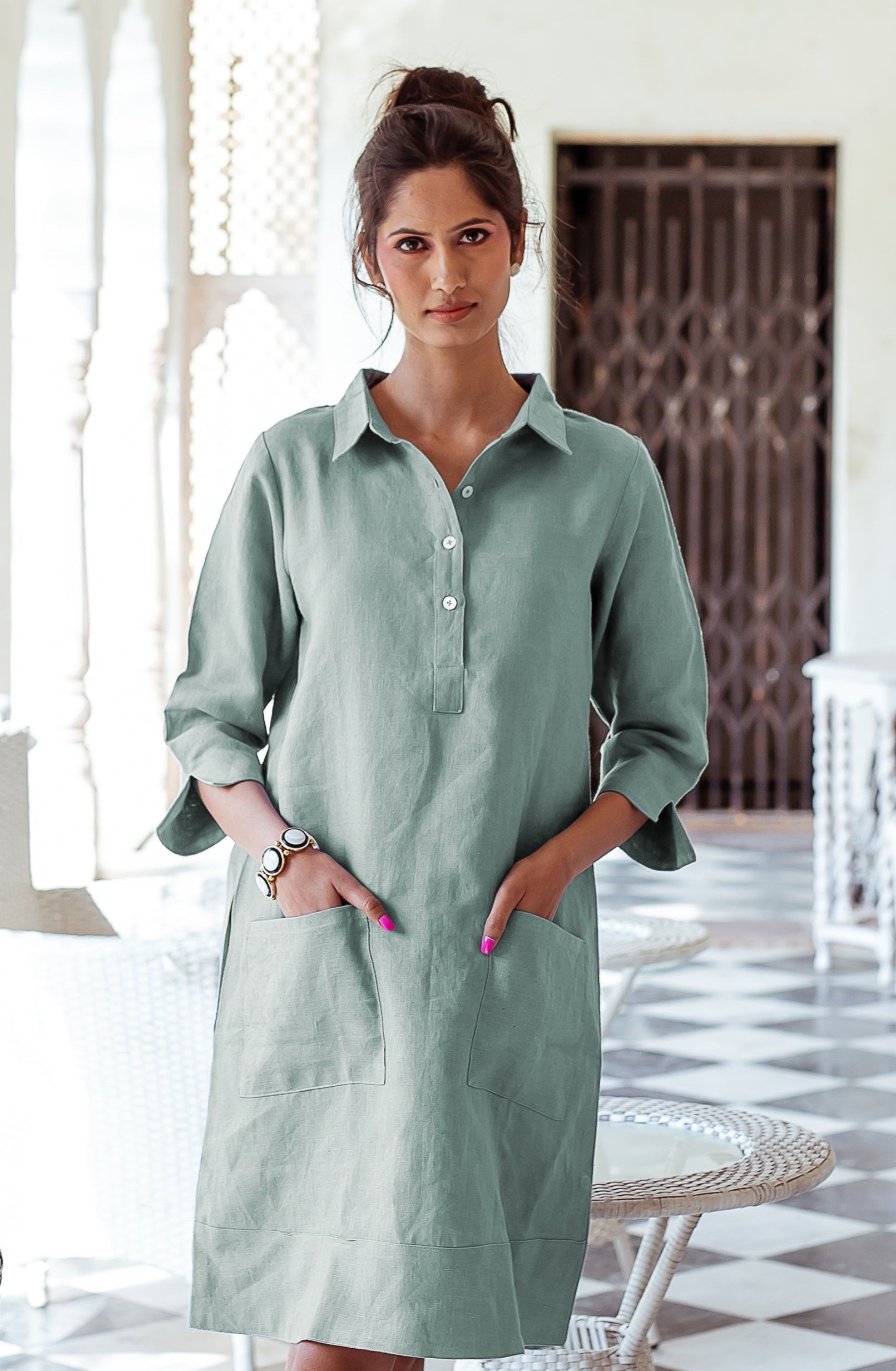 Up Town Linen Shirt Dress - Sage Green