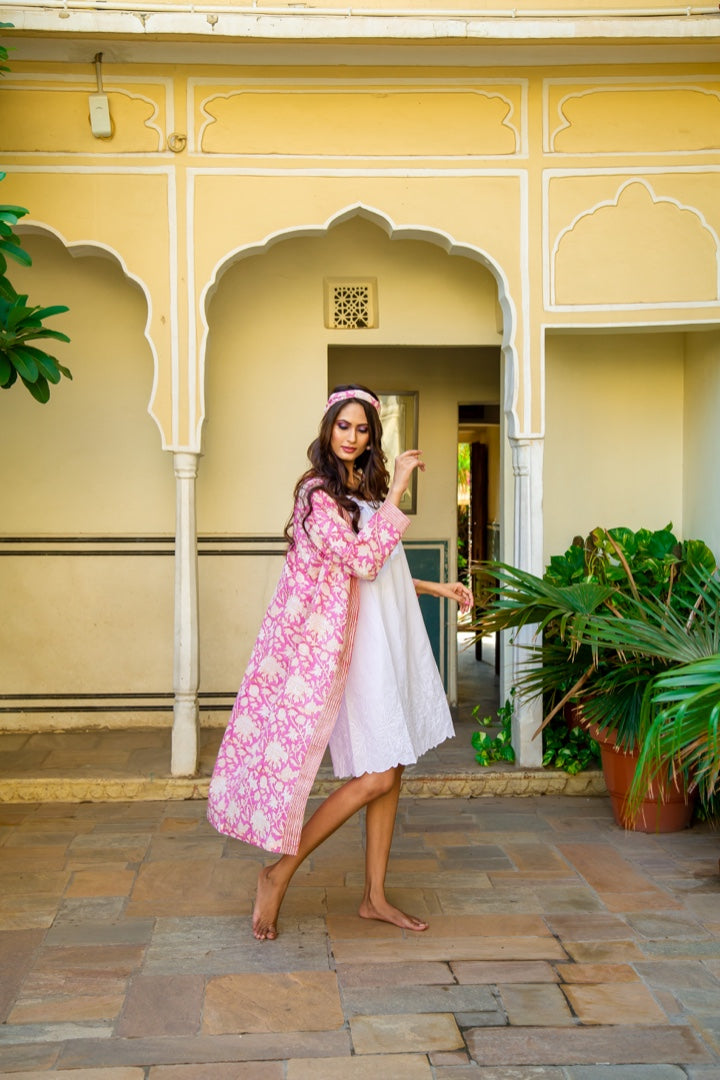 Hand Printed Cotton Kimono Robe - Hibiscus Pink