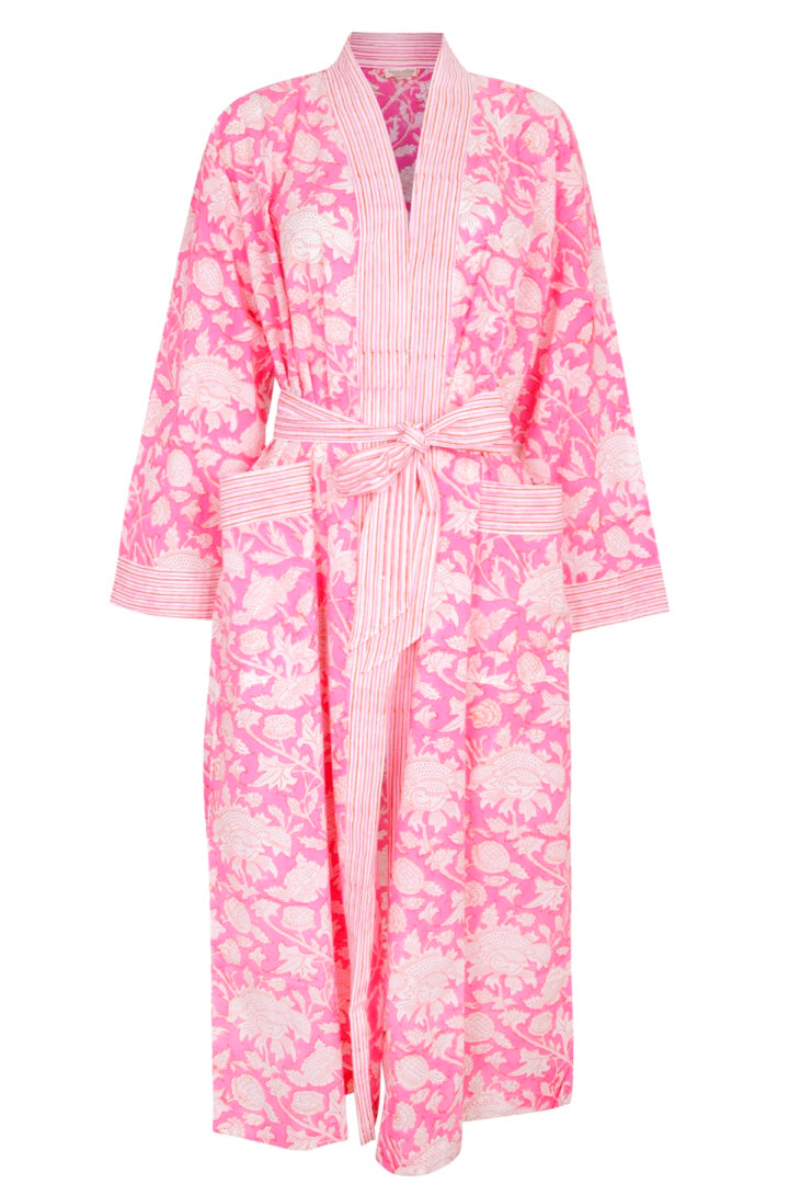 Hand Printed Cotton Kimono Robe - Hibiscus Pink
