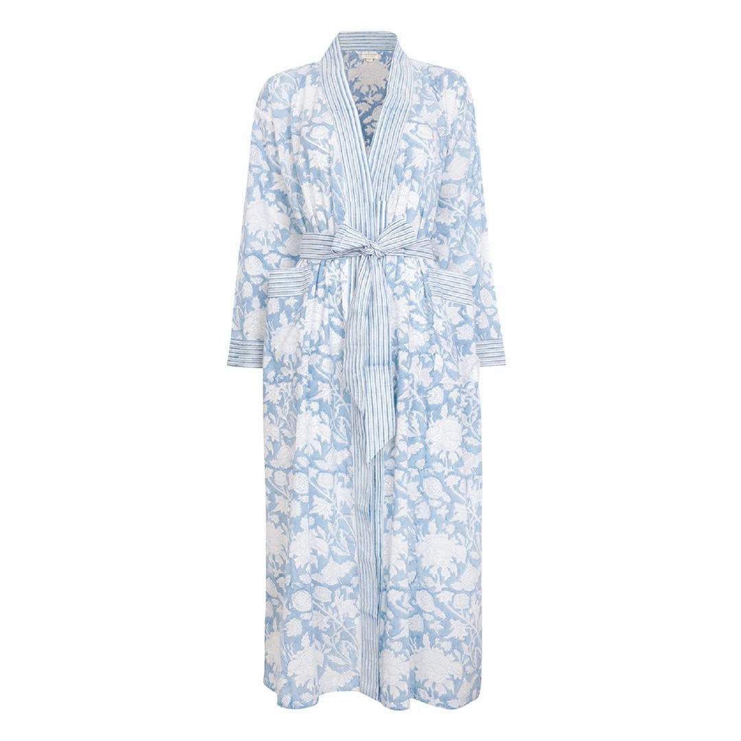 Hand Printed Cotton Kimono Robe - De Nimes Blue