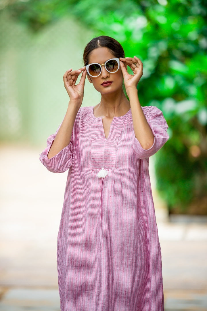 At-Ease Stripe Linen Midi Dress - Gold and White