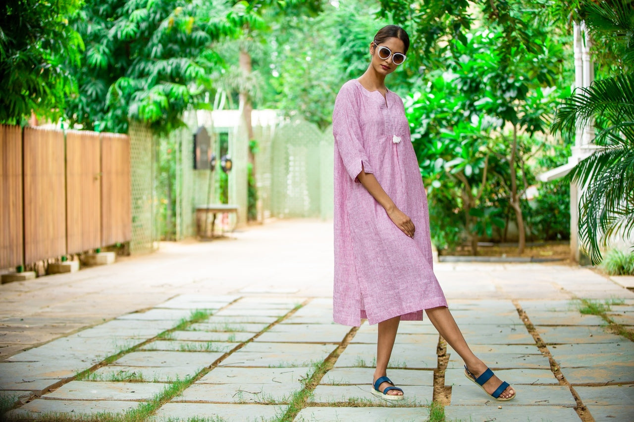 At-Ease Stripe Linen Midi Dress - Gold and White