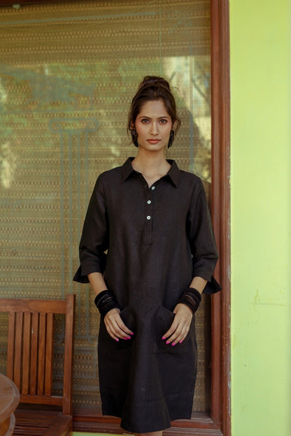 Up Town Linen Shirt Dress Black