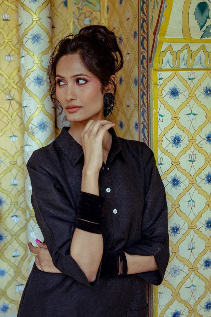 Up Town Linen Shirt Dress - Black