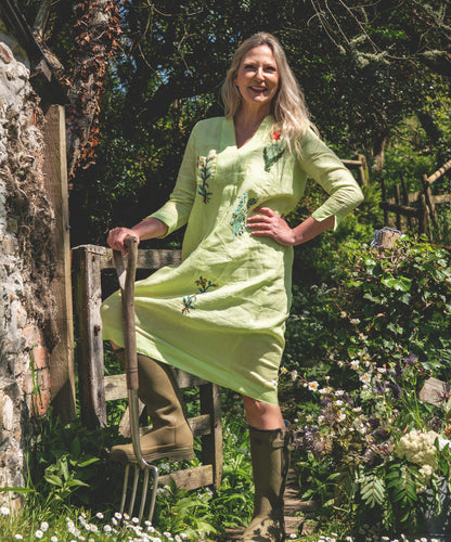 Botanical Embroidered Picot Midi Linen Dress - Sunny Lime