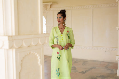 Botanical Embroidered Picot Midi Linen Dress - Sunny Lime