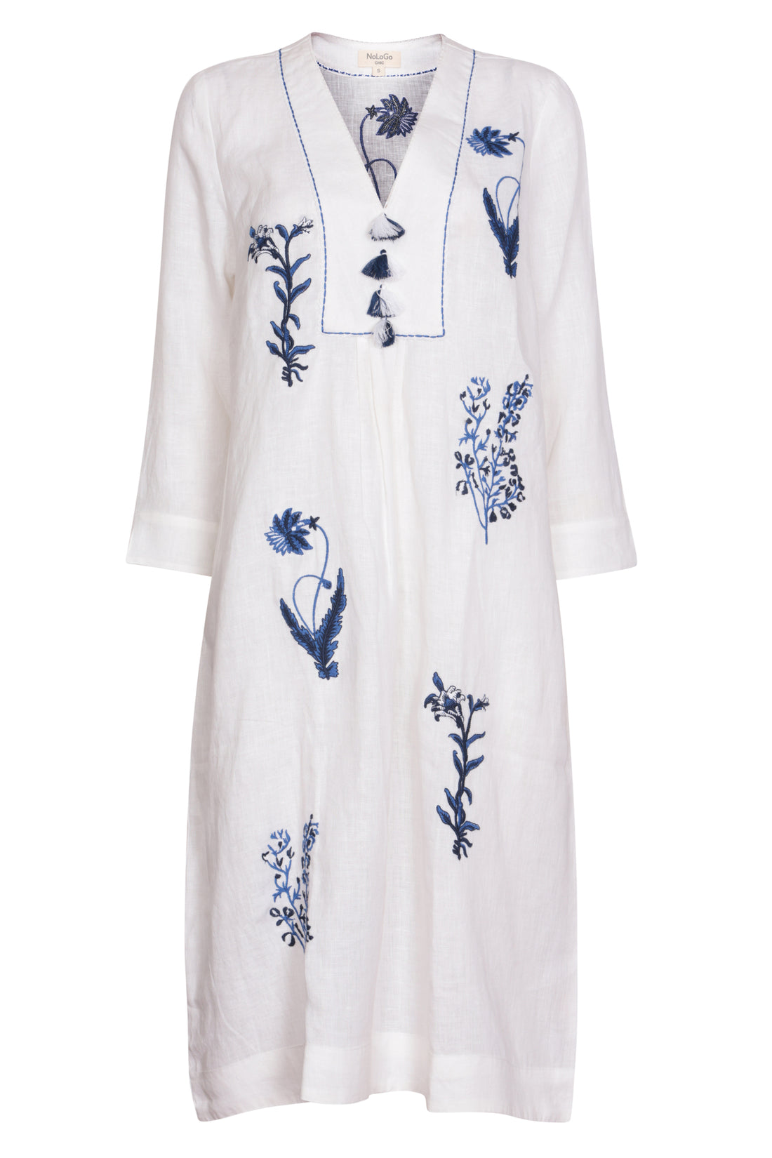 Botanical Embroidered Picot Midi Tunic Dress - White &amp; Indigo