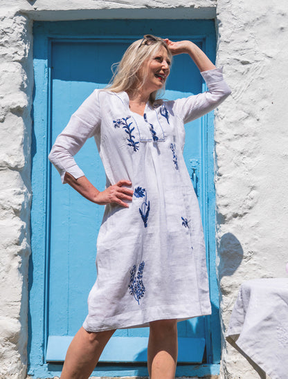 Botanical Embroidered Picot Midi Tunic Dress - White &amp; Indigo