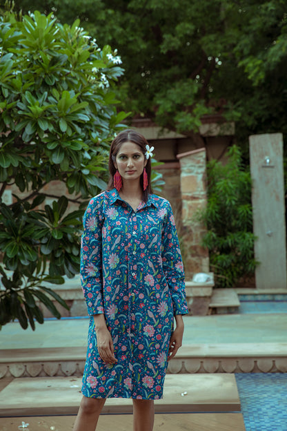 Birdsong Cotton Shirt Tail Midi Dress - Blue
