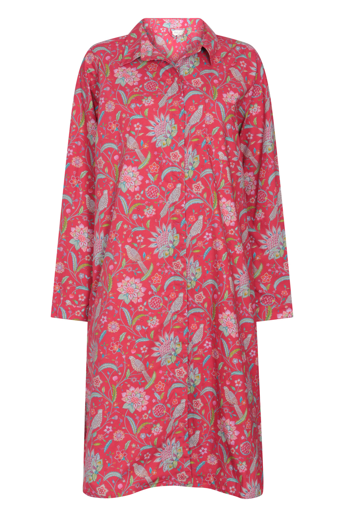 Birdsong Print Shirt Tail Midi Dress Cotton Red