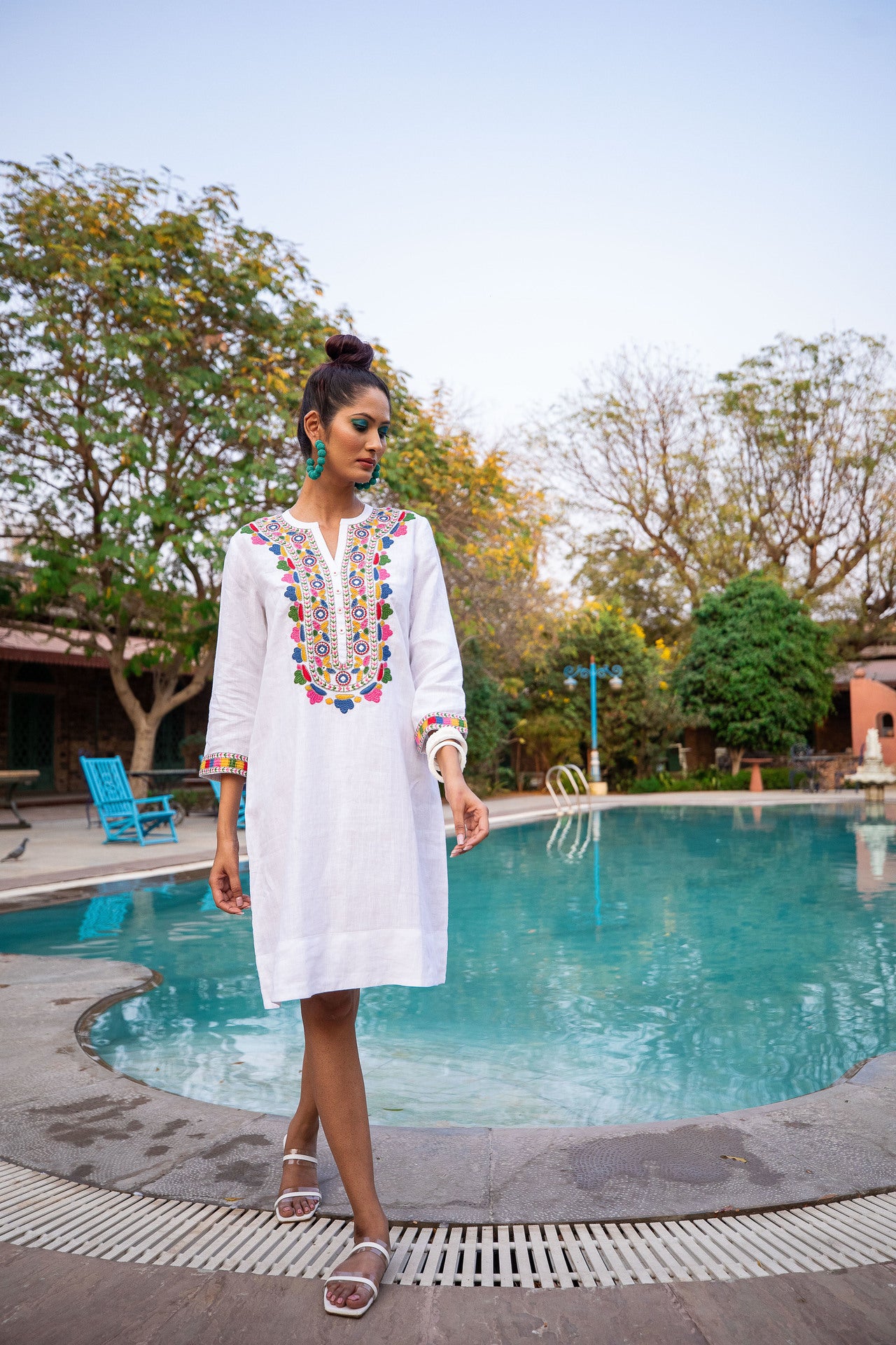 Tribal Embroidered Tunic Dress - White