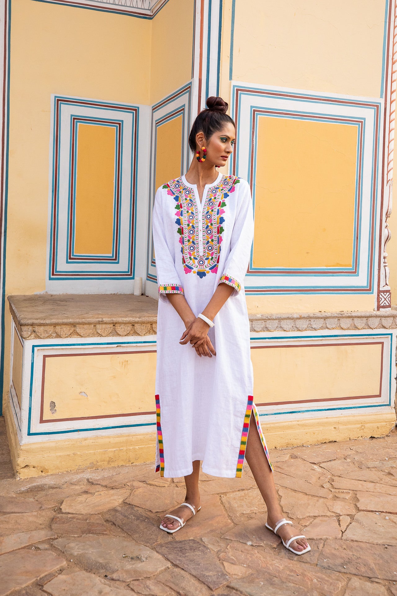 Tribal Embroidered Linen -  Maxi Dress - White