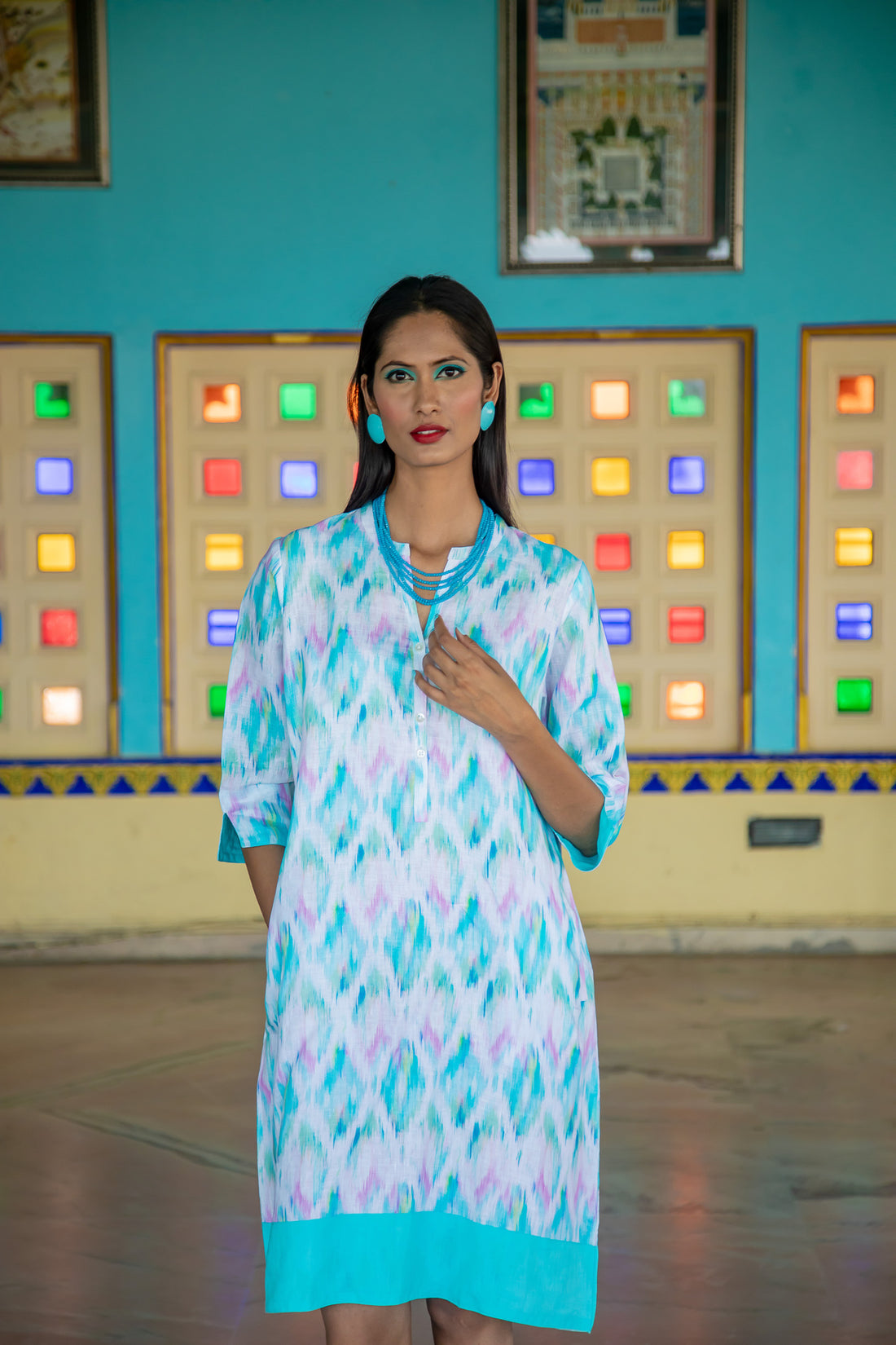 Mosaic Pastel Ikat Linen Tunic Dress