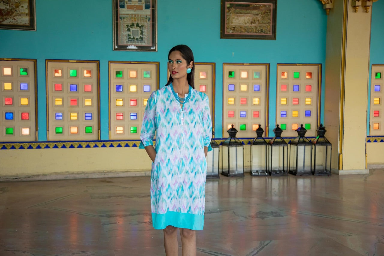 Mosaic Pastel Ikat Linen Tunic Dress