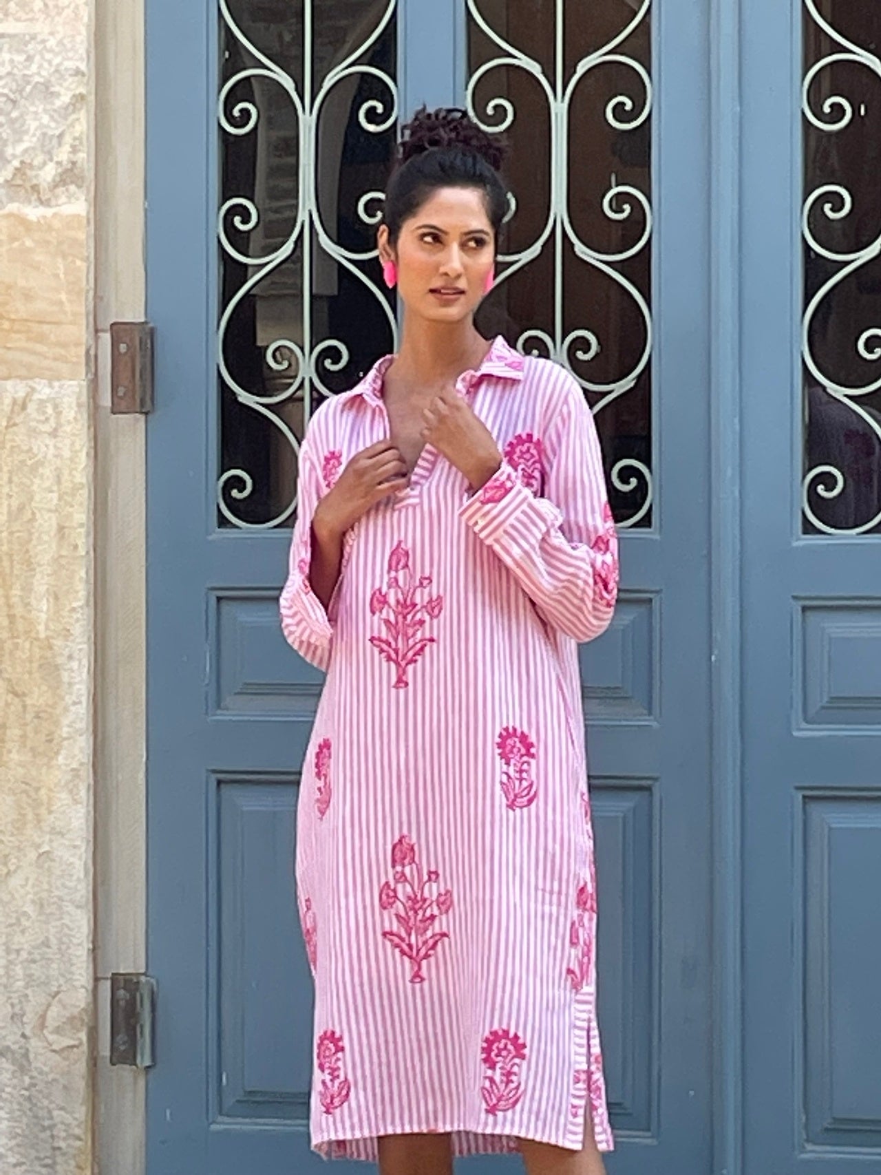 Tourist Hand Printed Stripe Linen Tunic Dress - Pink and White