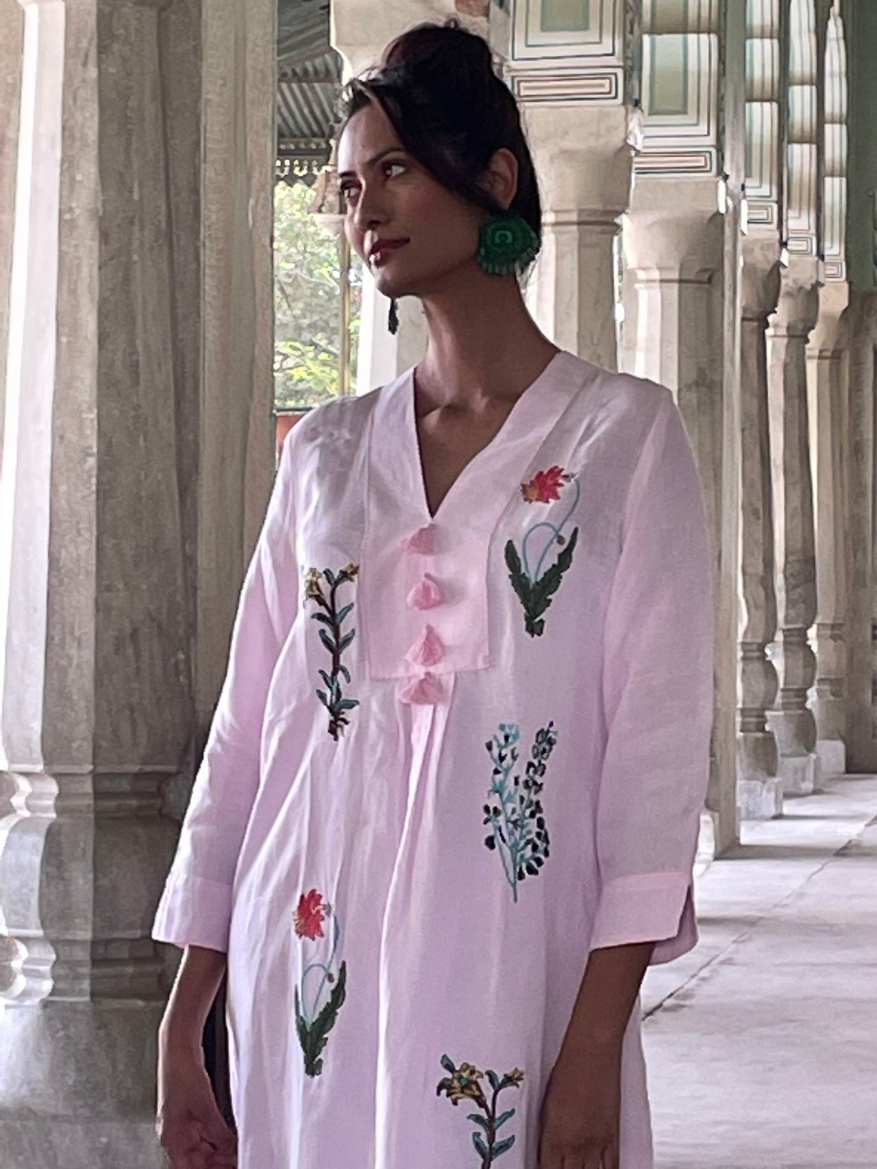 Botanical Embroidered Linen Picot Midi Dress-Shell Pink