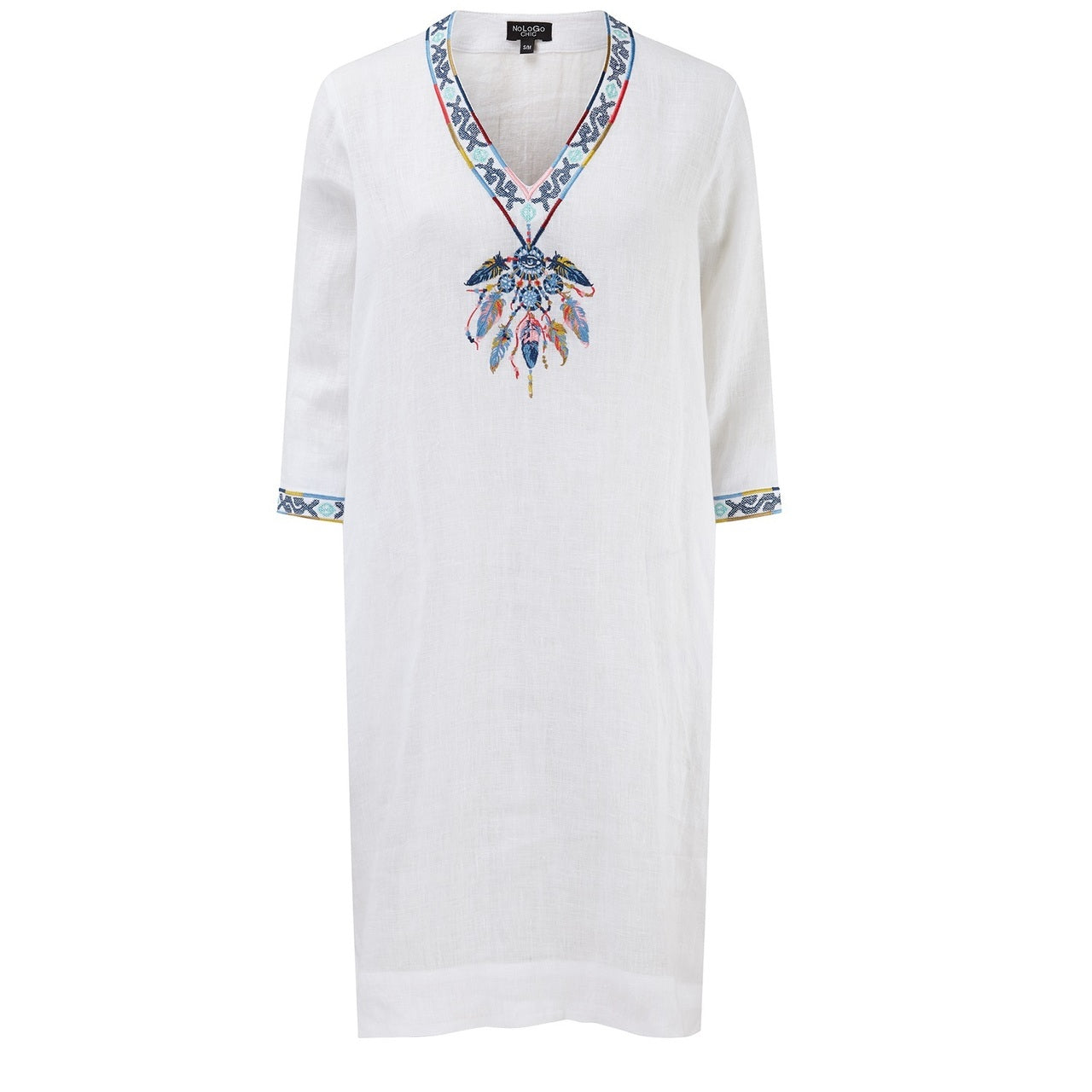 Dream-Catcher Embroidered Linen Tunic Dress - White