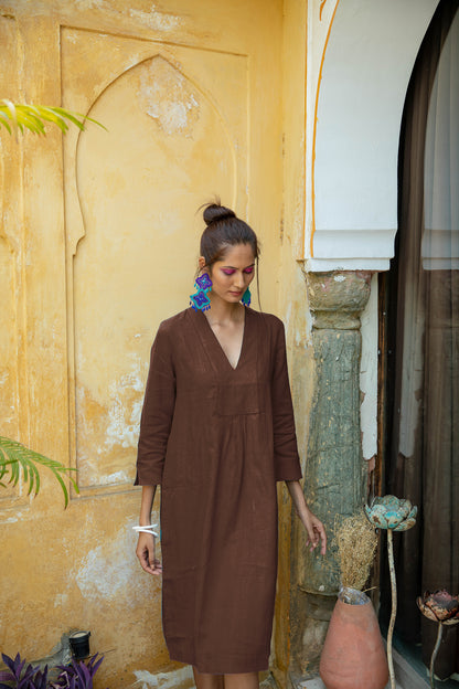 Plain Dyed Linen Yoke Picot Midi Dress Black