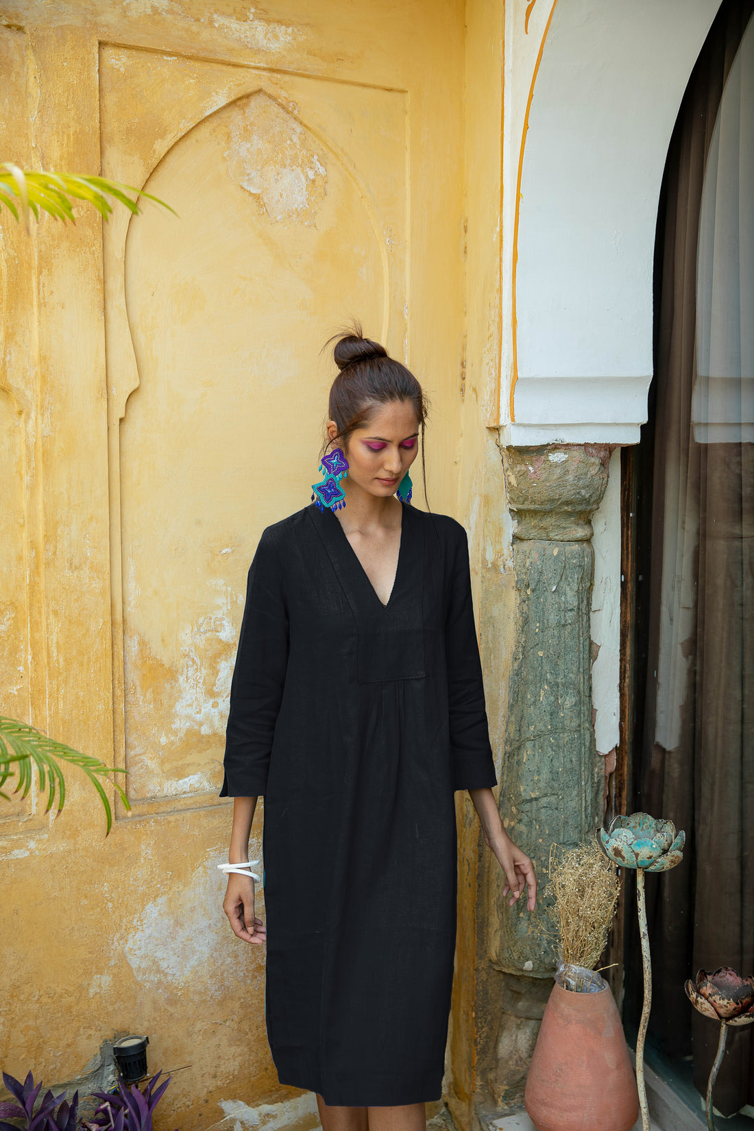 Plain Dyed Linen Yoke Picot Midi Dress Black